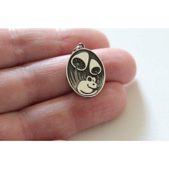 Sterling Silver Silver Mouse Pendant with Mushrooms Charm - Picture 2 of 4